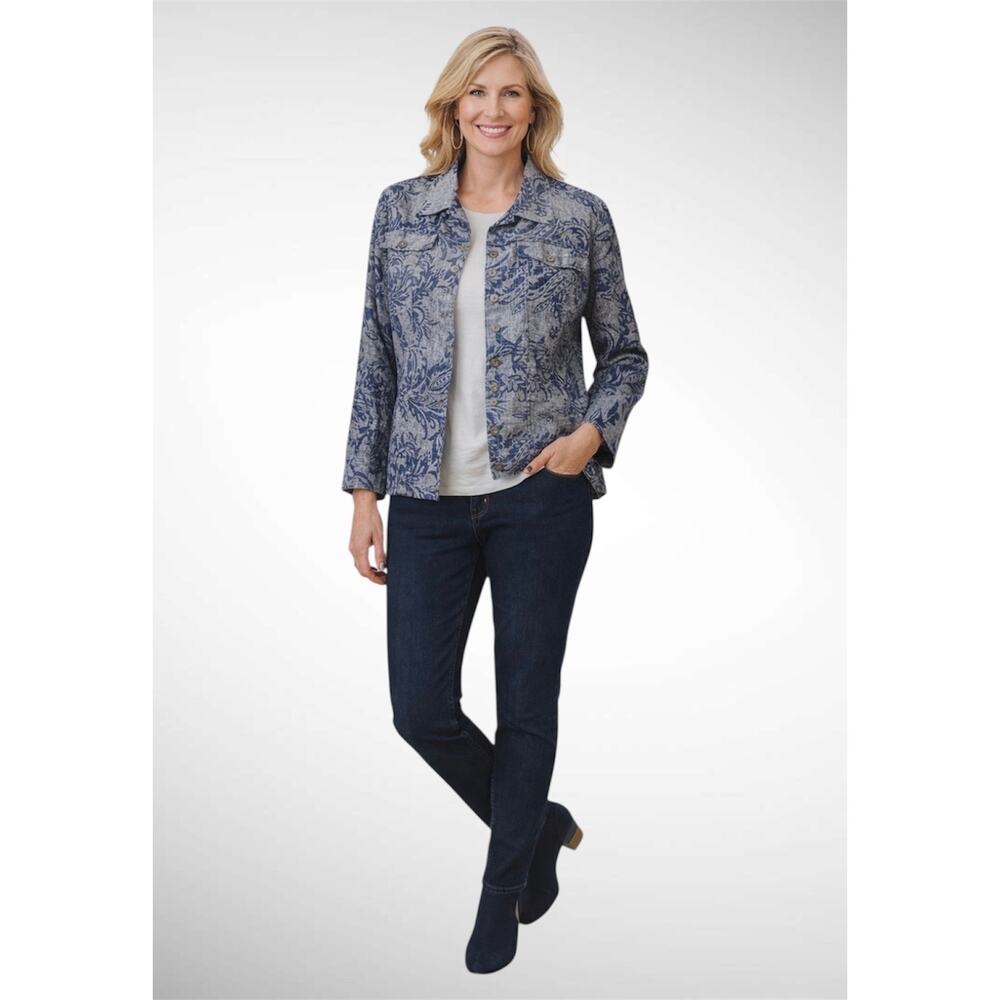 Chicos Womens 2 (12-14) Gray/Navy Floral Linen Blend Blazer Jacket